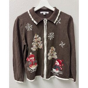 Mercer Street Studio Womens Embroidered Snowman‎ Christmas Cardigan SweaterBrown